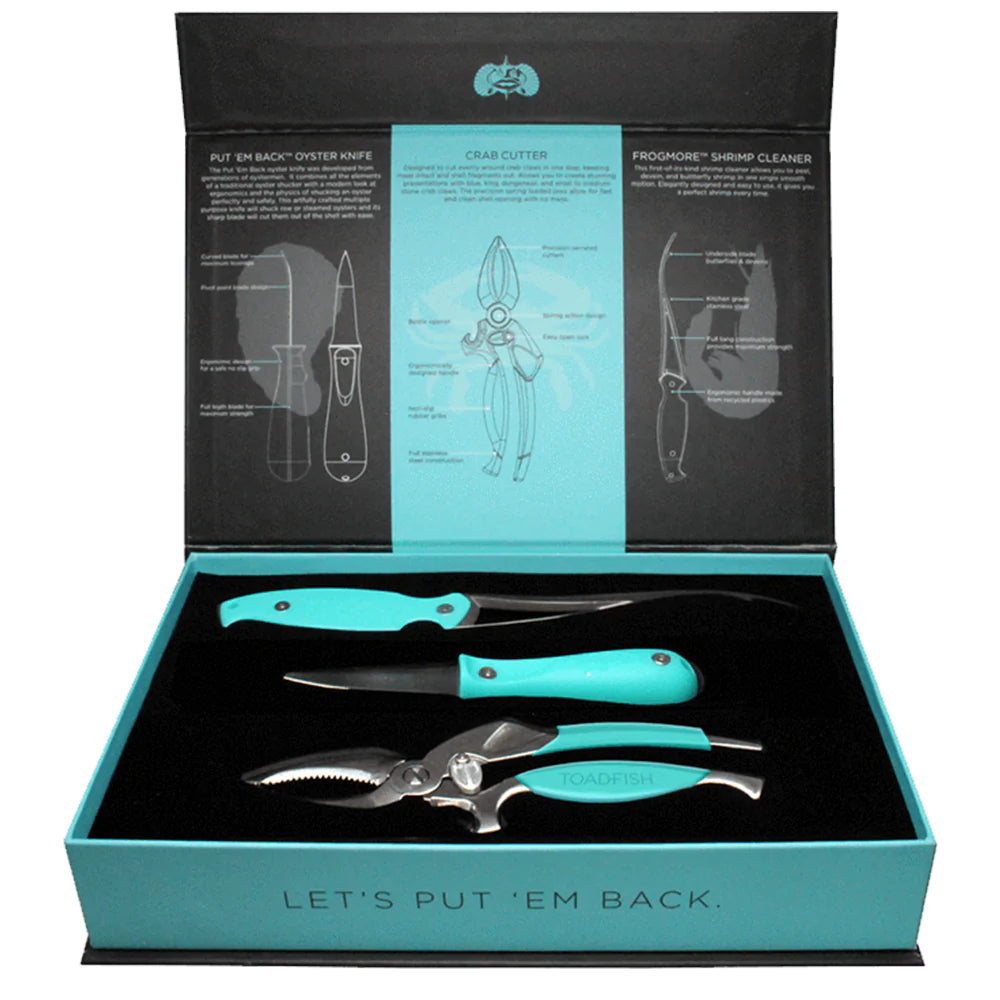 Teal Toadfish Coastal Kitchen Collection: Innovative Seafood Tool Set