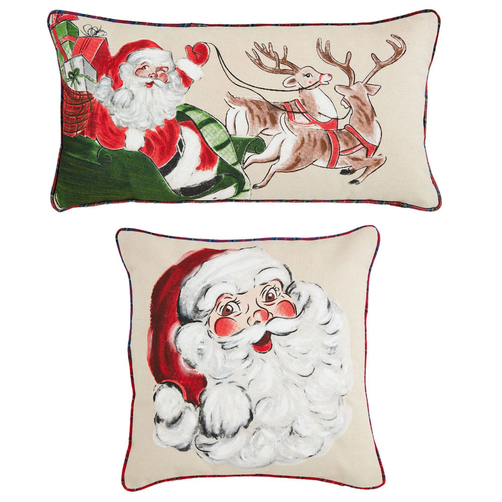 Mud Pie Hand - painted Faux Linen Classic Christmas Pillow with Tartan Piping