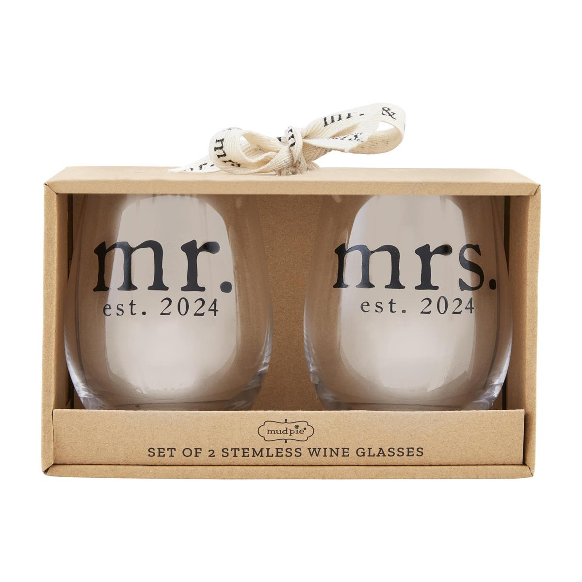 Mud Pie Elegant 16 oz Mr. & Mrs. Est. 2024 Stemless Wine Glass Set
