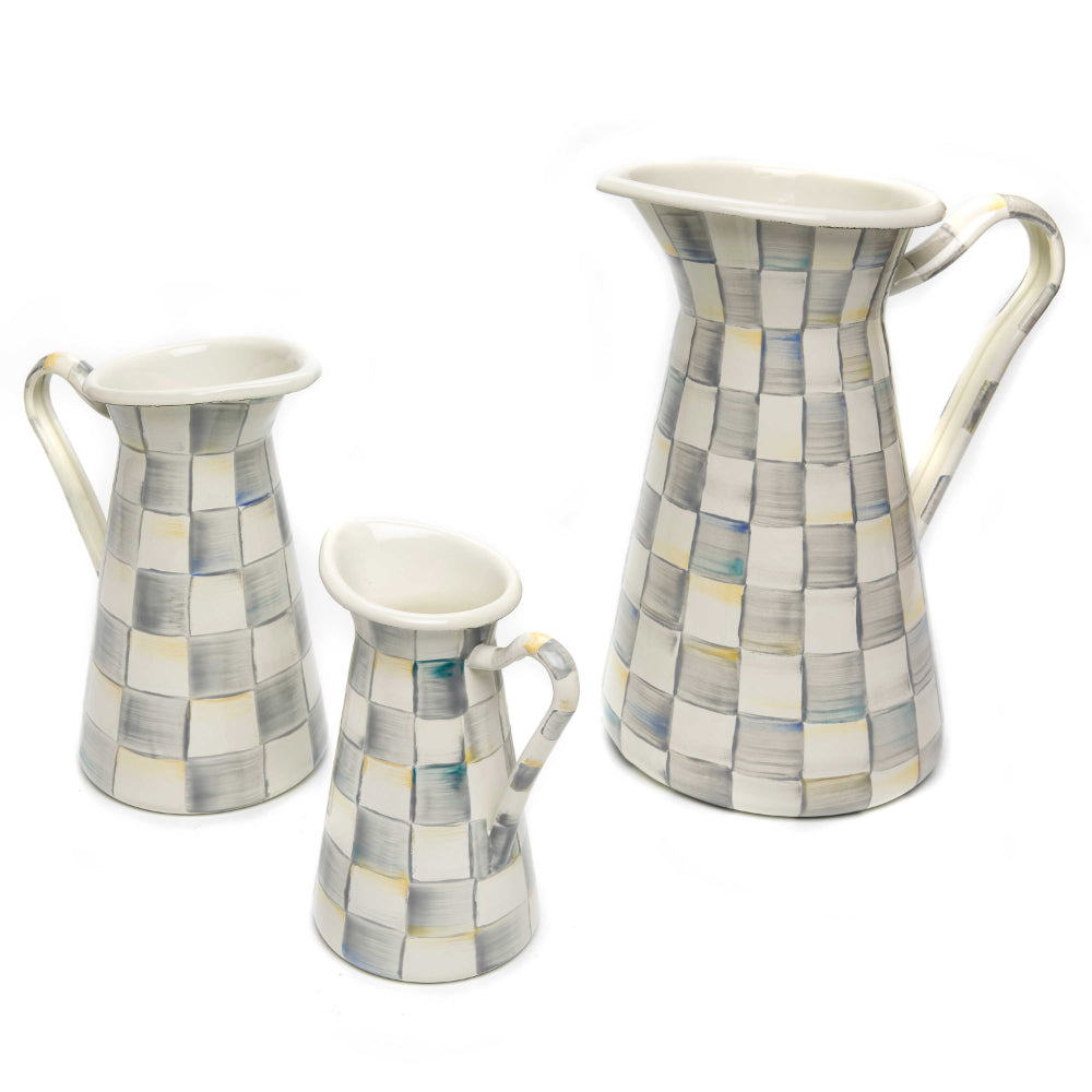 MacKenzie-Childs Hand-Painted Sterling Check Enamel Small, Medium & Large Practical Pitcher