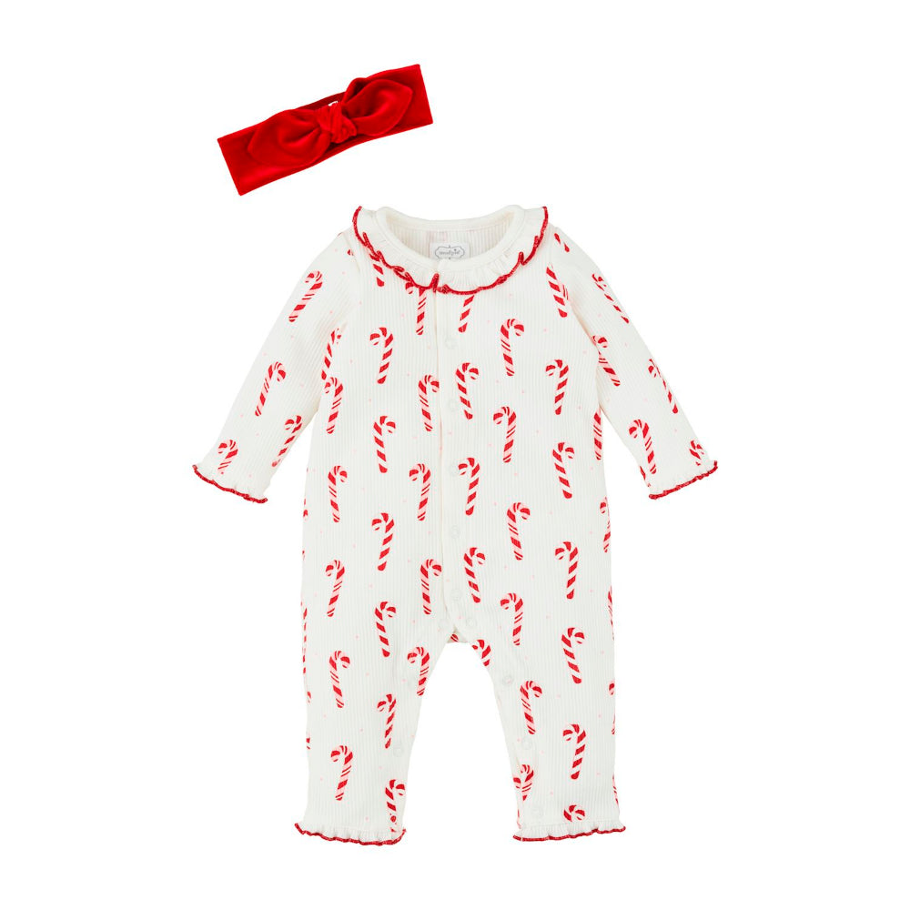 Mud Pie Infant Candy Cane Themed One-Piece Jumpsuit and Headband Set