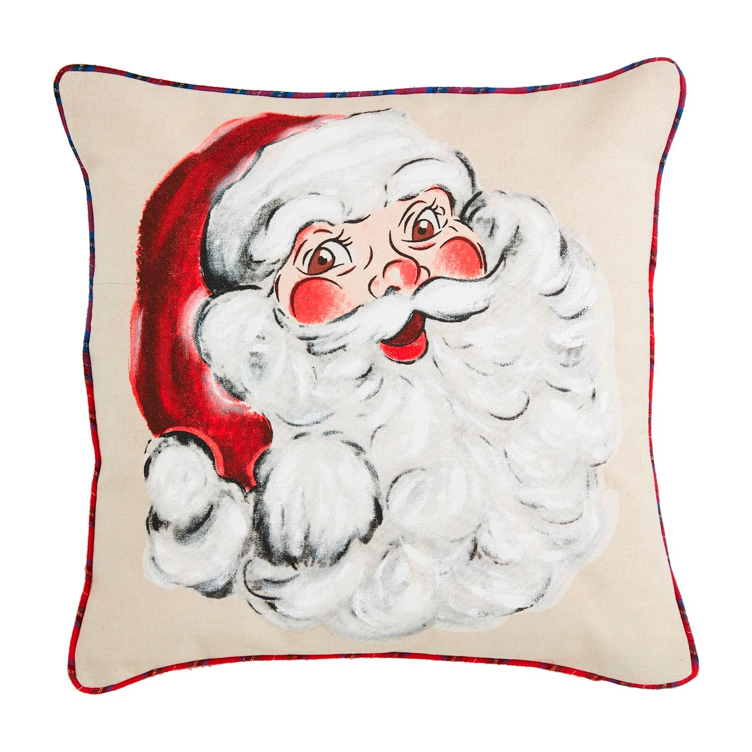 Mud Pie Hand - painted Faux Linen Classic Christmas Pillow with Tartan Piping
