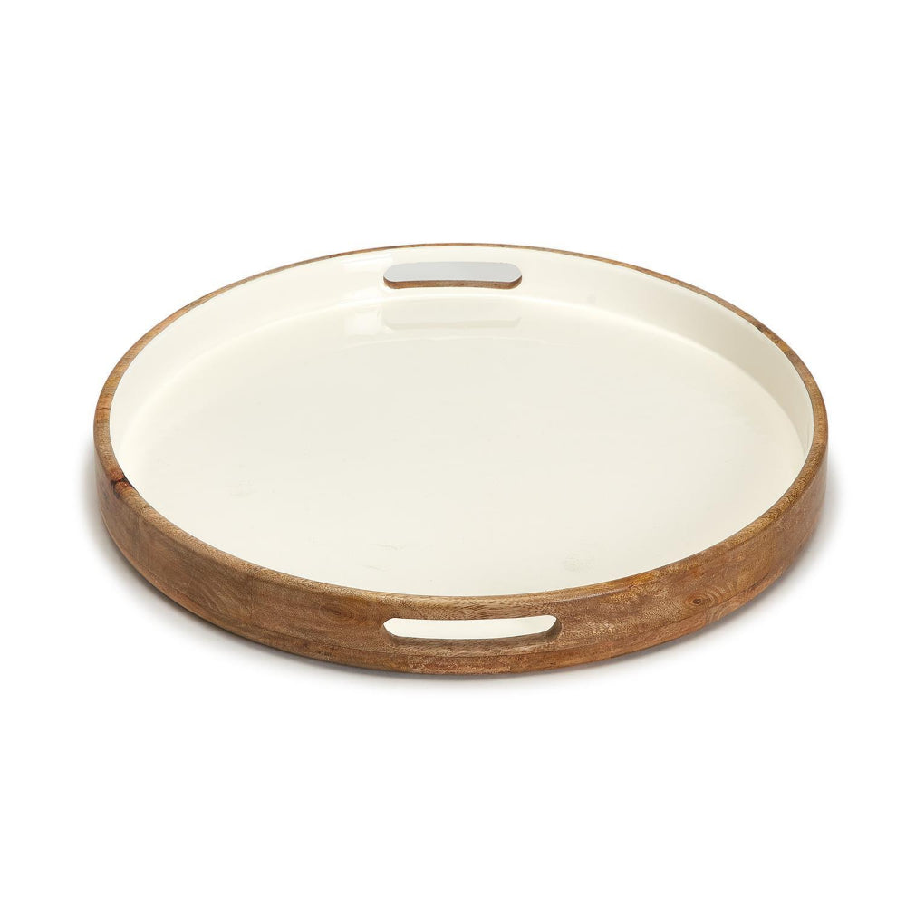 Large Handmade Round Mango Wood Serving Tray with Smooth White Enamel Interior by Two's Company