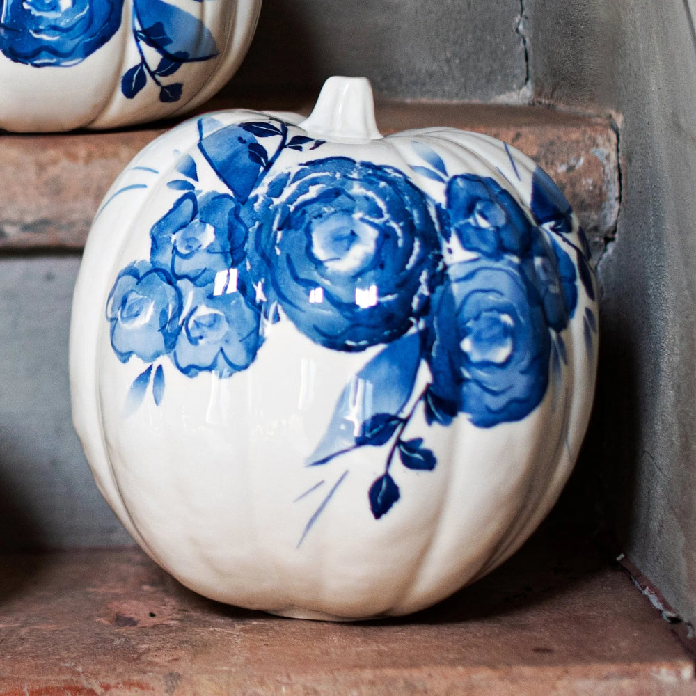 Vietri Hand - painted Blue Camellia - themed Figural Pumpkins for Fall Decor