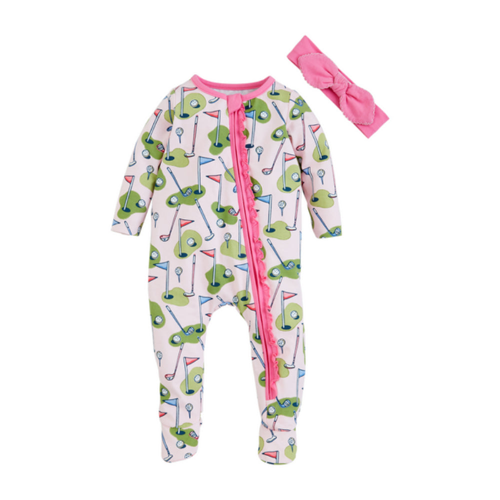 Mud Pie Adorable Pink Golf-themed Baby Sleeper and Matching Bow Headband Set