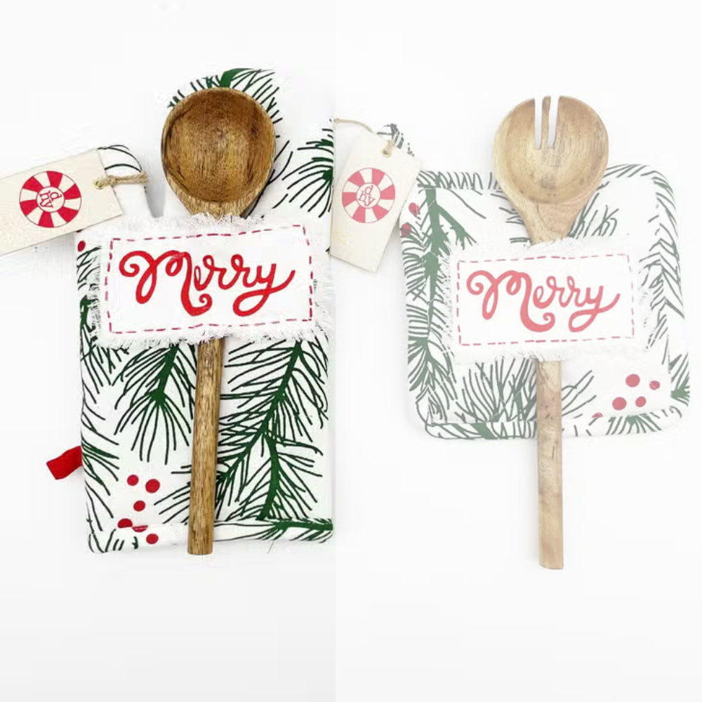 Luxurious Christmas-themed Pine Bough Oven Mitt and Pot Holder Set with a Wooden Spoon