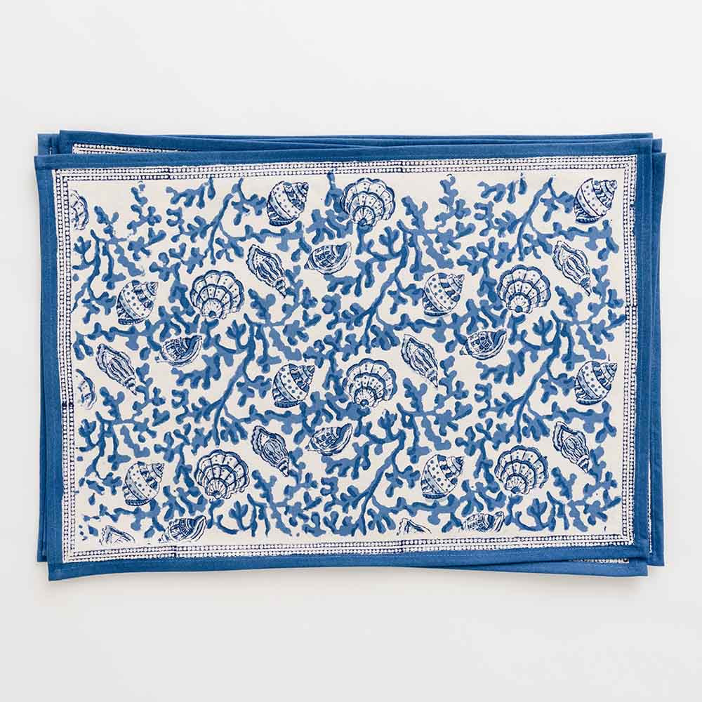 Exquisite Hand - printed Pomegranate Coral and Shell Blue Cotton Placemat