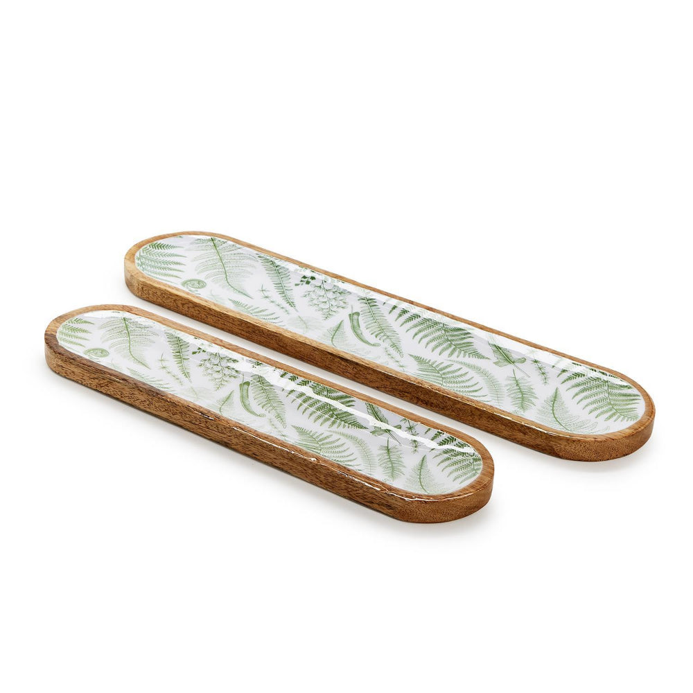 Two's Company Exquisite Hand-Crafted Mango Wood Serving Trays with Fanciful Fern Design