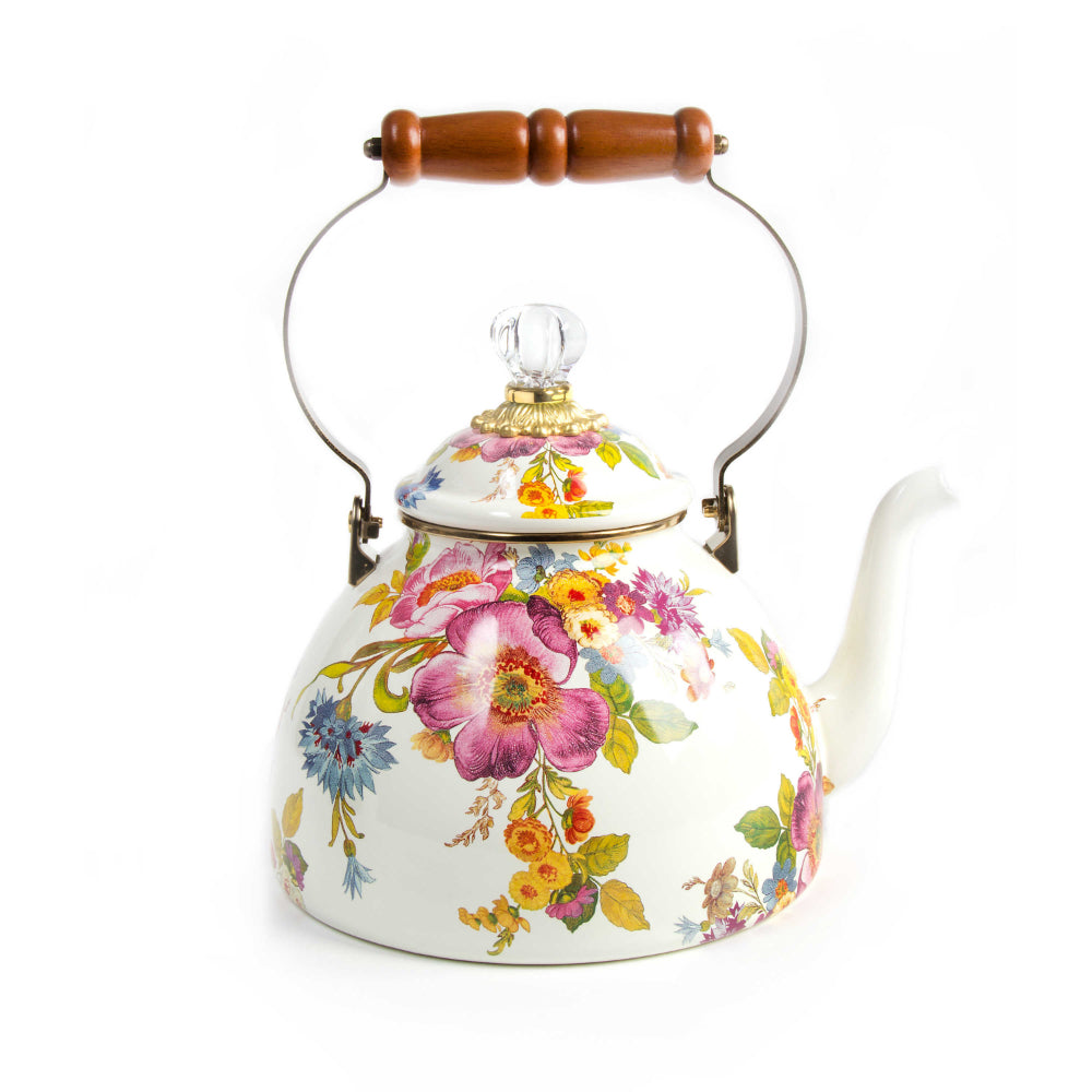 MacKenzie-Childs Exquisite White Flower Market Tea Kettle with Unique Design