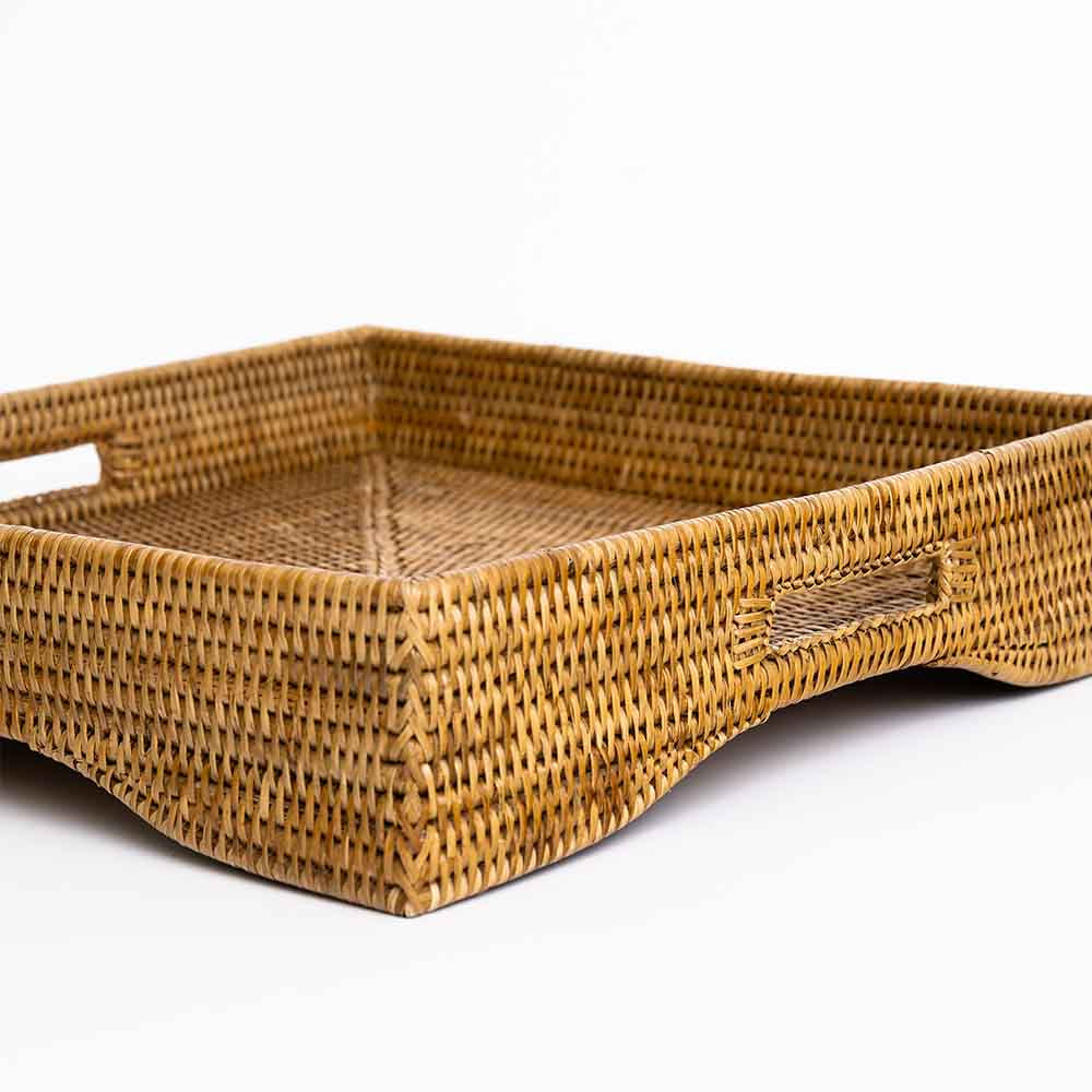 Exquisite Hand - Woven Pomegranate - Inspired Rattan Square Footed Butler Serving and Storage Tray
