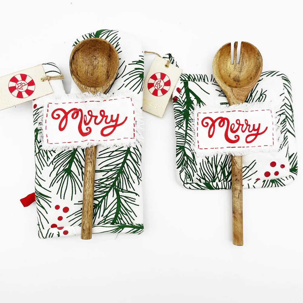 Luxurious Christmas-themed Pine Bough Oven Mitt and Pot Holder Set with a Wooden Spoon
