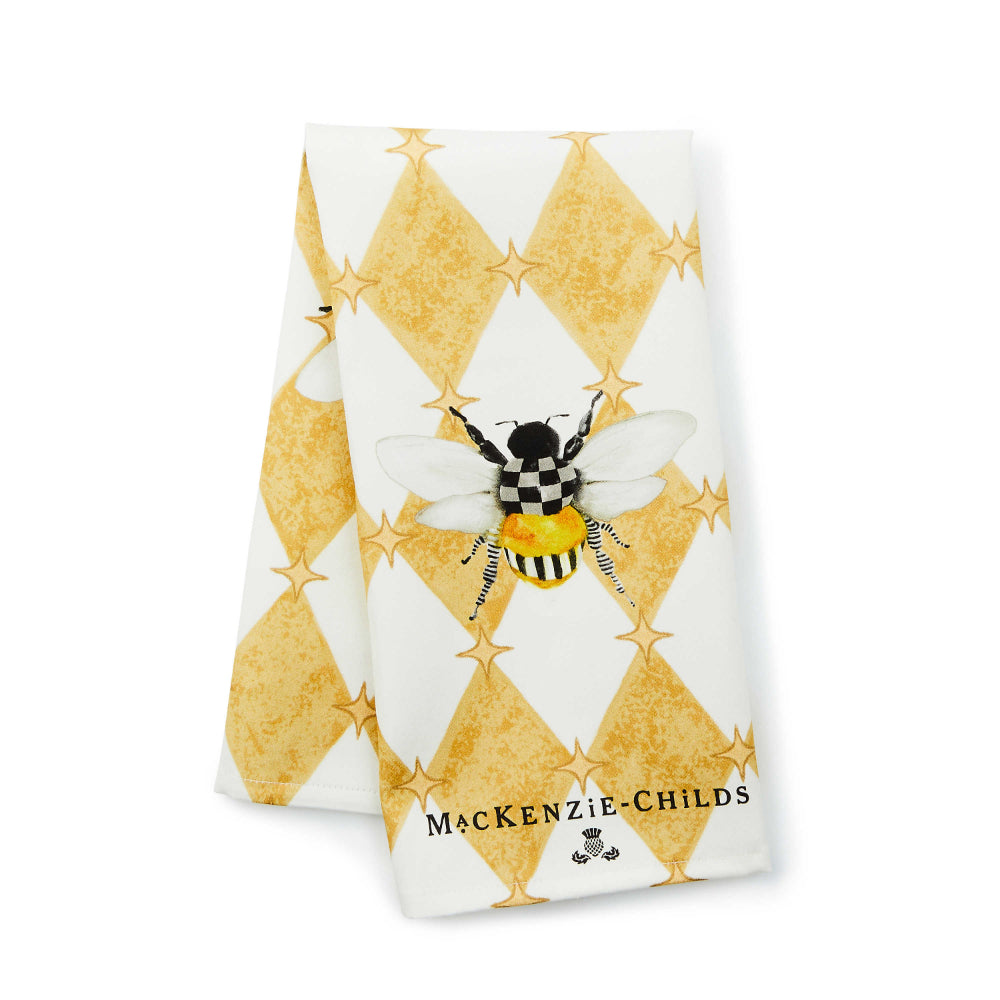MacKenzie-Childs Decorative Honeycomb Pattern Dish Towel Featuring Bees and Distinctive Logo