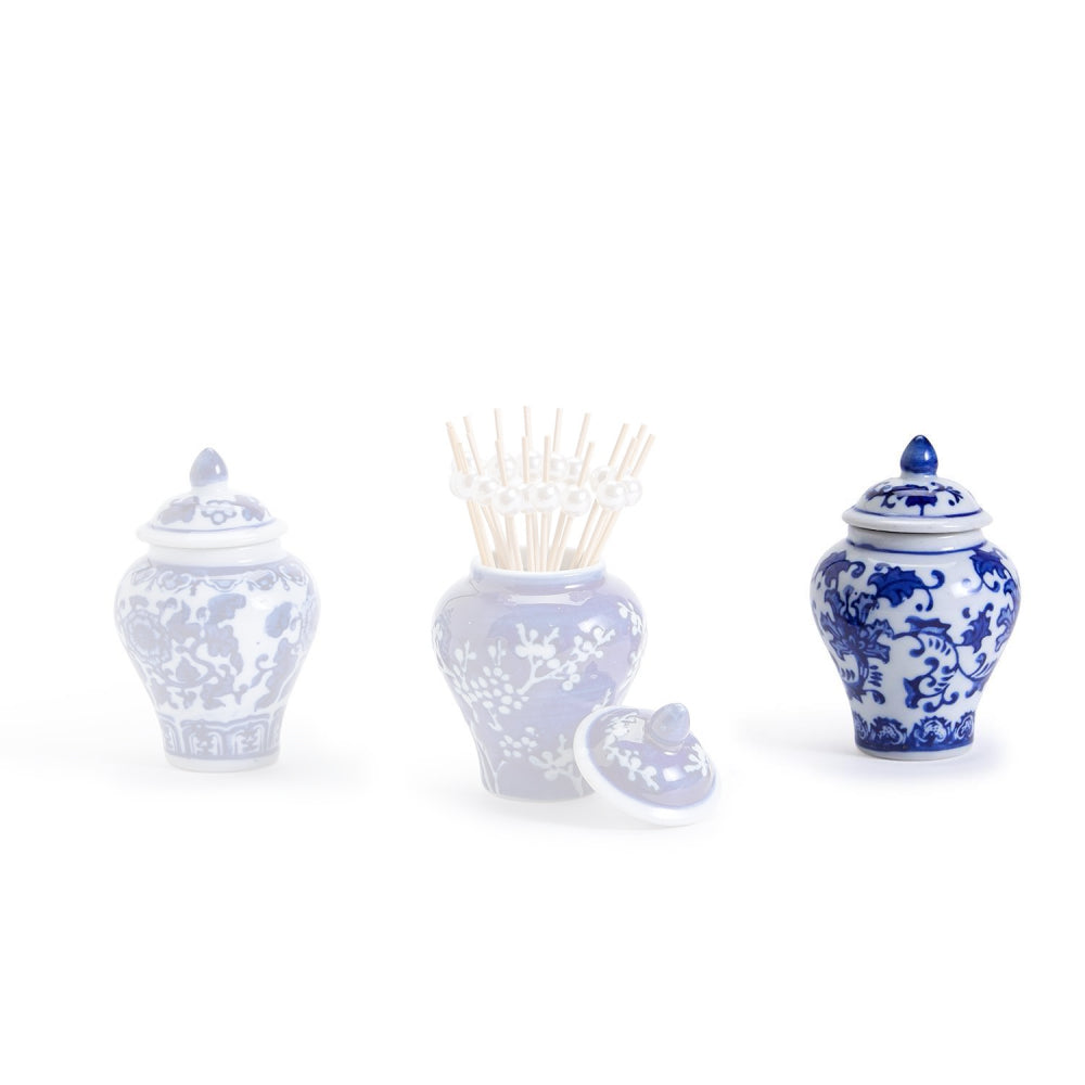 Two's Company Mini Decorative Ginger Jar Set with Bamboo Picks in Assorted 3 Traditional Floral Patterns