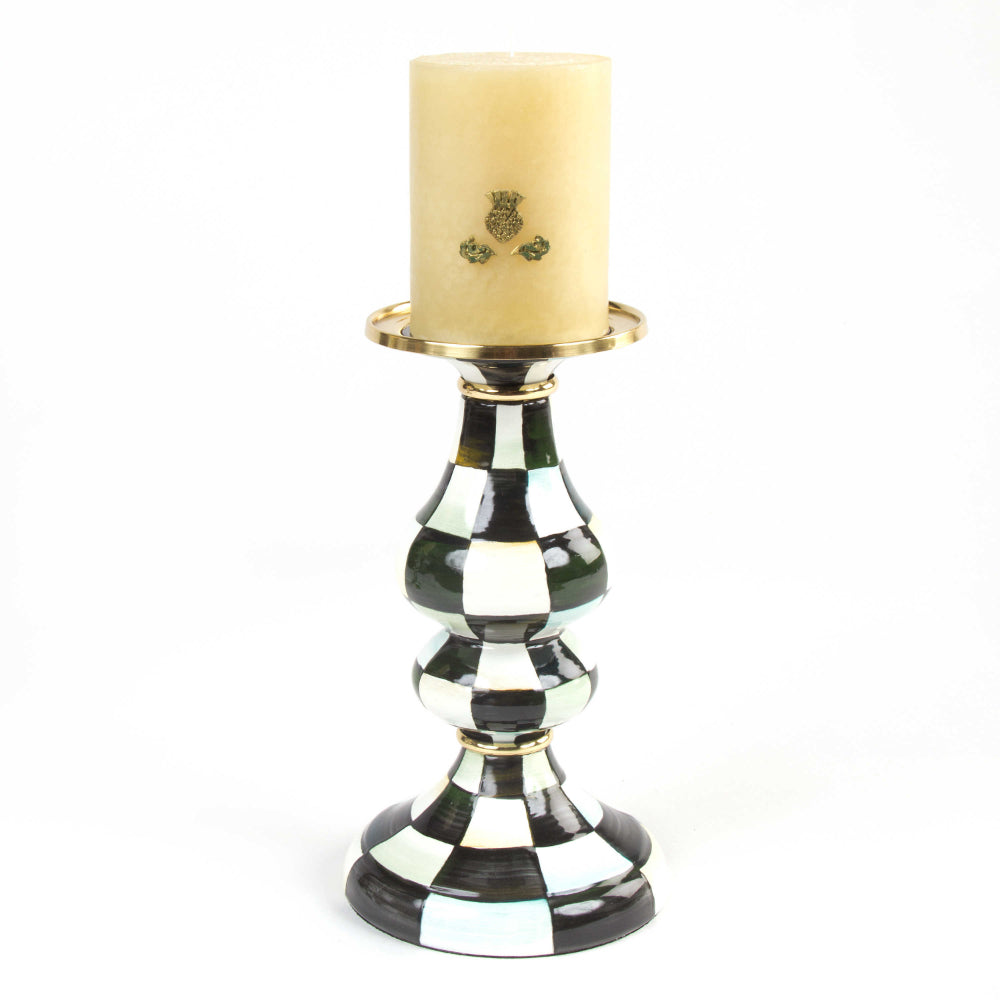 MacKenzie-Childs Heavy-Gauge Hand-Painted Courtly Check Enamel Pillar Candlestick