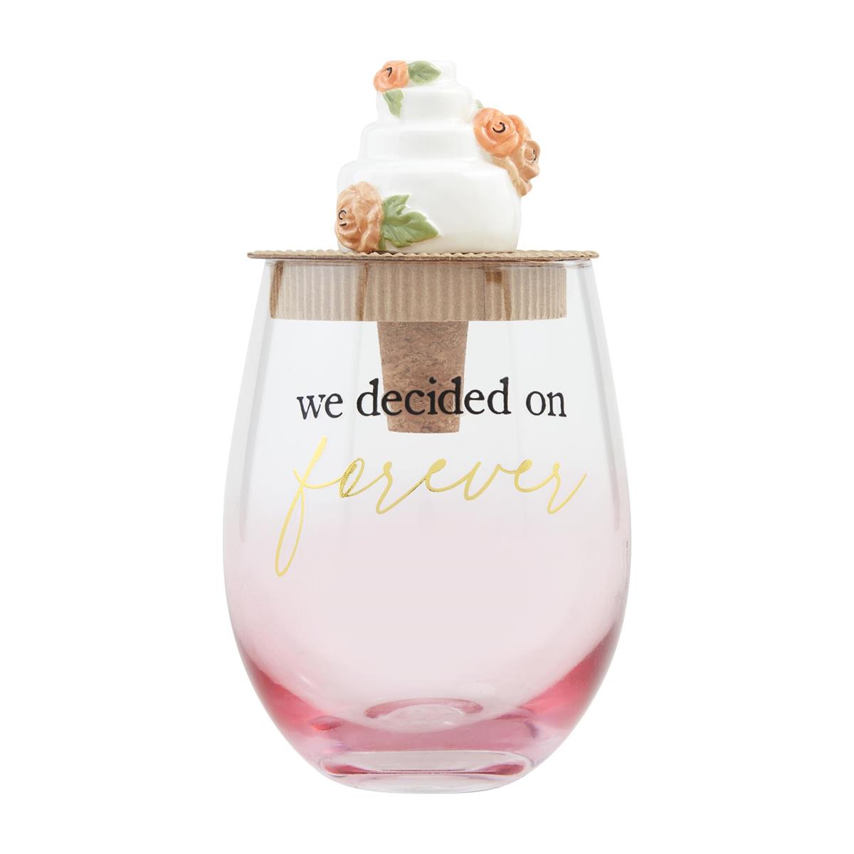 Mud Pie Engagement Celebration Stemless Wine Glass and Hand - painted Ceramic Wine Stopper Set
