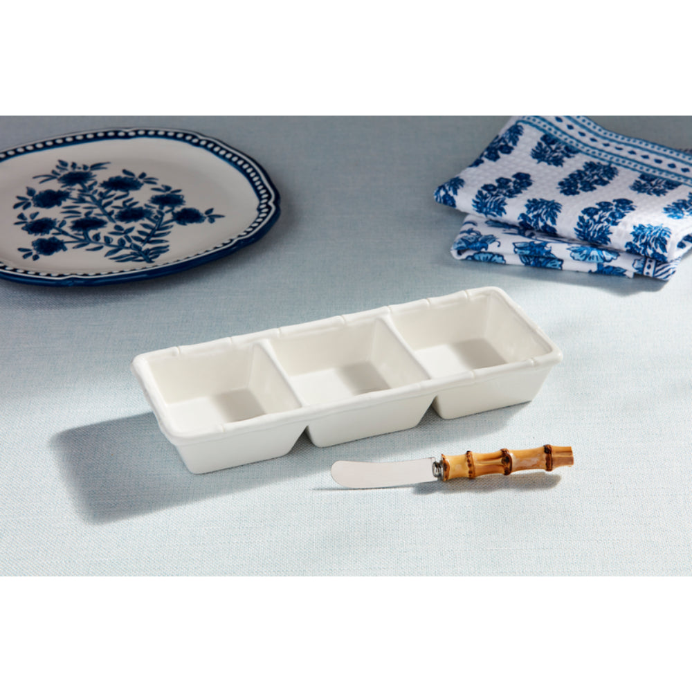 Mud Pie High - Quality Stoneware and Stainless Steel Ceramic Bamboo - Inspired Triple Tidbit Serving Set