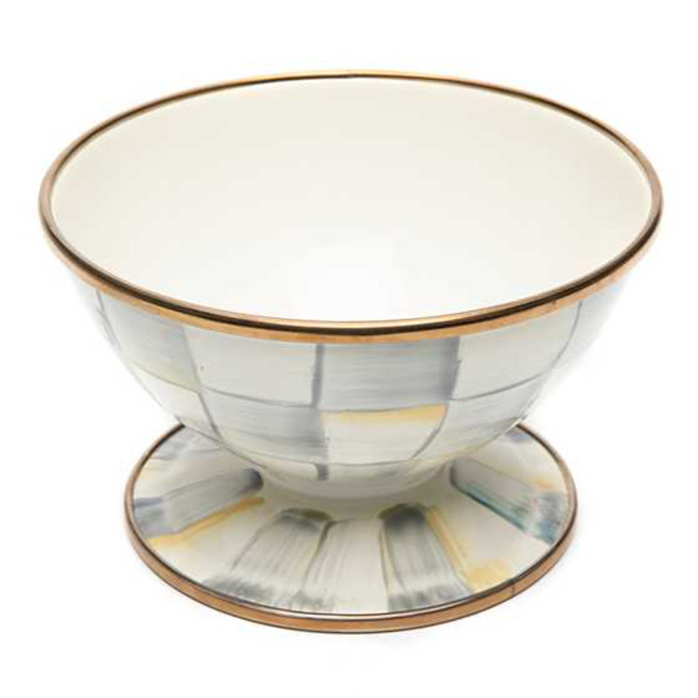 MacKenzie-Childs Hand-Painted Grey Check Enamel Ice Cream Dish with Bronzed Rim