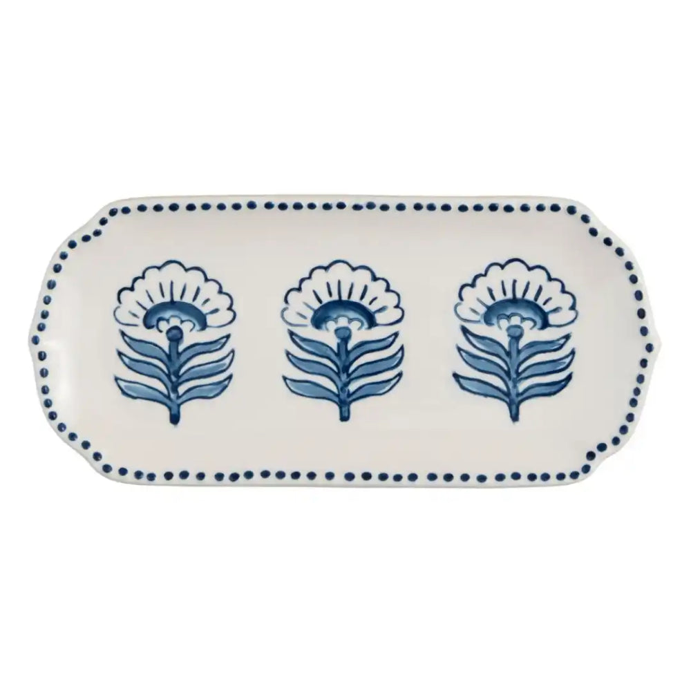 Mud Pie Exquisite Blue Floral Patterned Stoneware Everything Serving Dish
