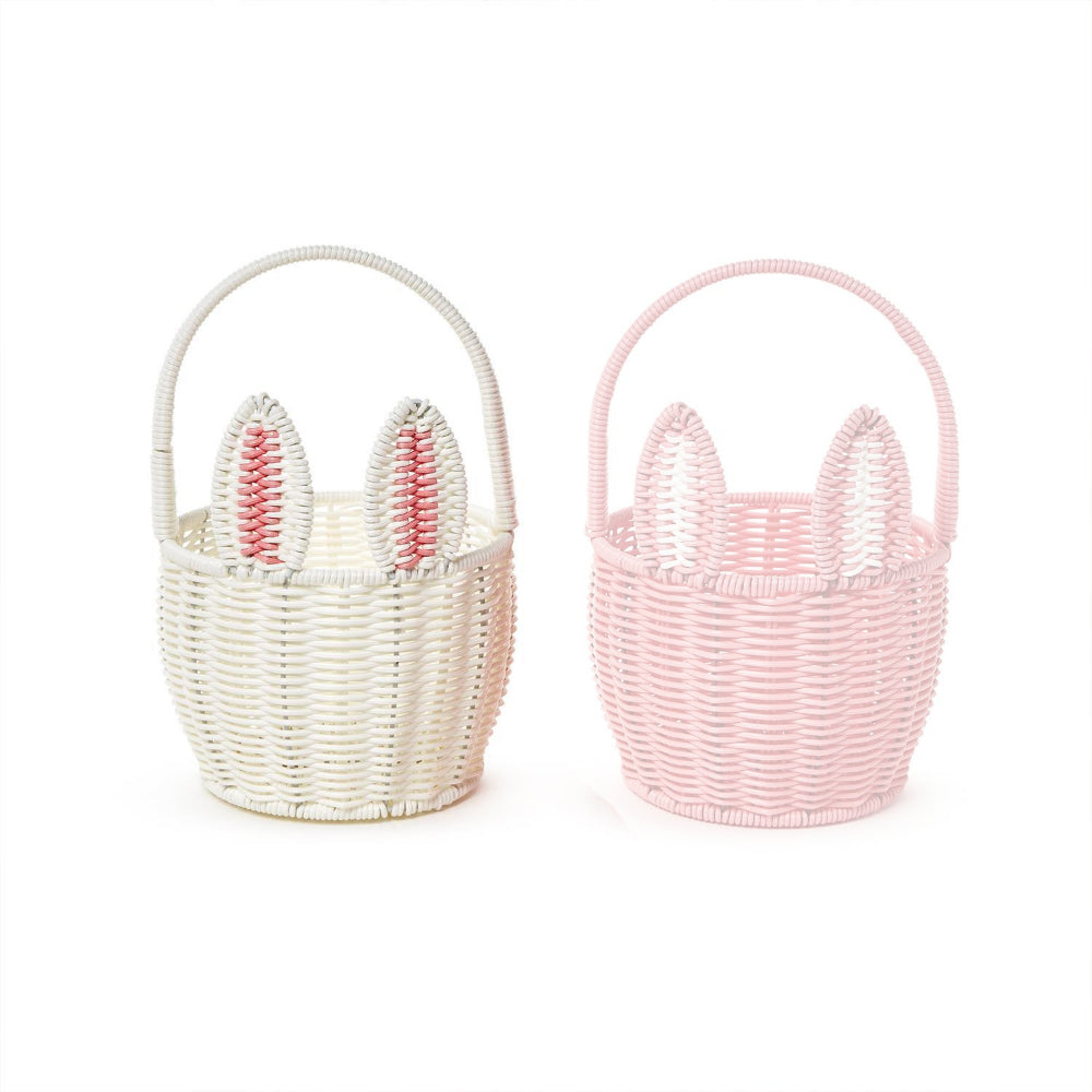 Hand-Woven Artificial Wicker Easter Bunny Basket in Pink and White