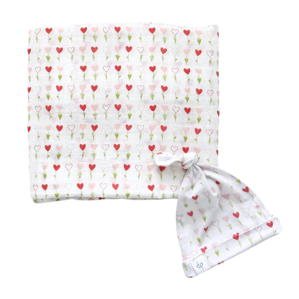 Dear Perli Bamboo Muslin Swaddle Blanket and Topknot Hat Set - Growing Love for Newborns